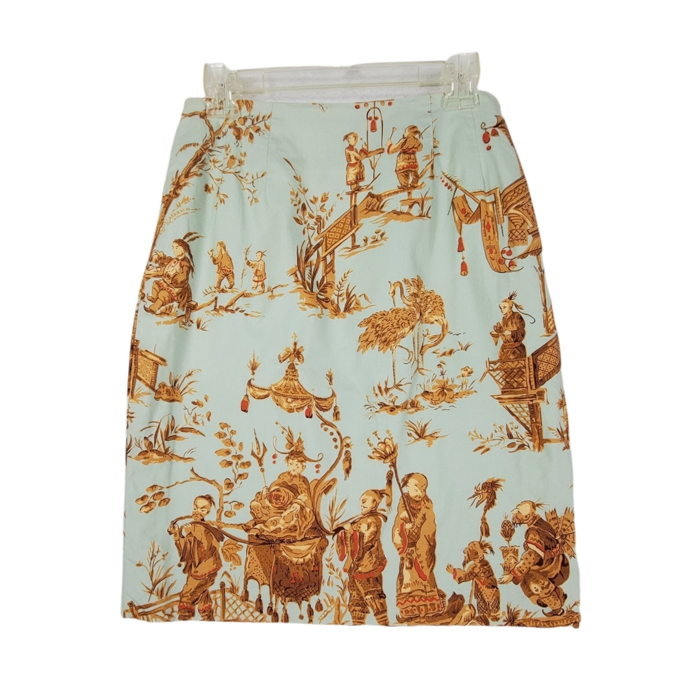 STEVEN STOLMAN Chinoiserie Print Pencil Skirt Sz 12 Cotton Lined Blue Gold